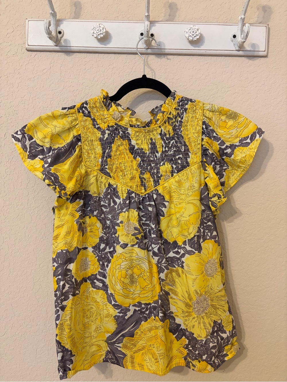 Yellow Floral Smocked Neck Flutter Sleeve Top
